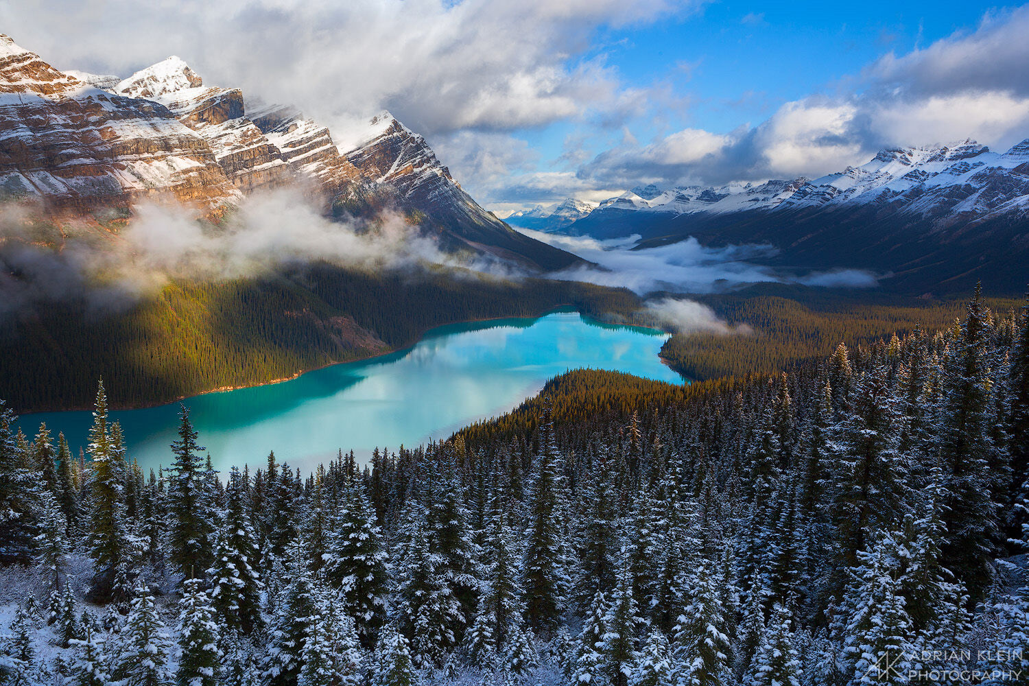 Just above the snowline after a fresh dusting of fall season snow. Looking down on Peyto Lake in Banff National Park of Alberta...