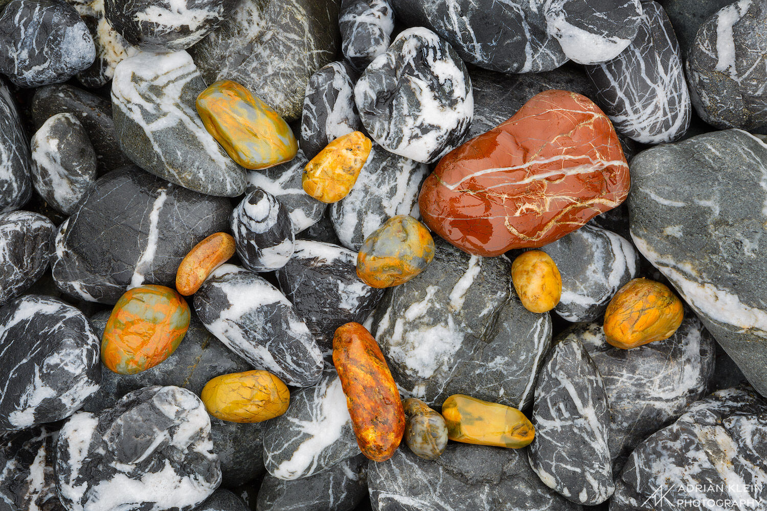 A colorful set of agates set against a pile of granite and quartz. Fresh from the ocean beaches waiting for the tide to return...