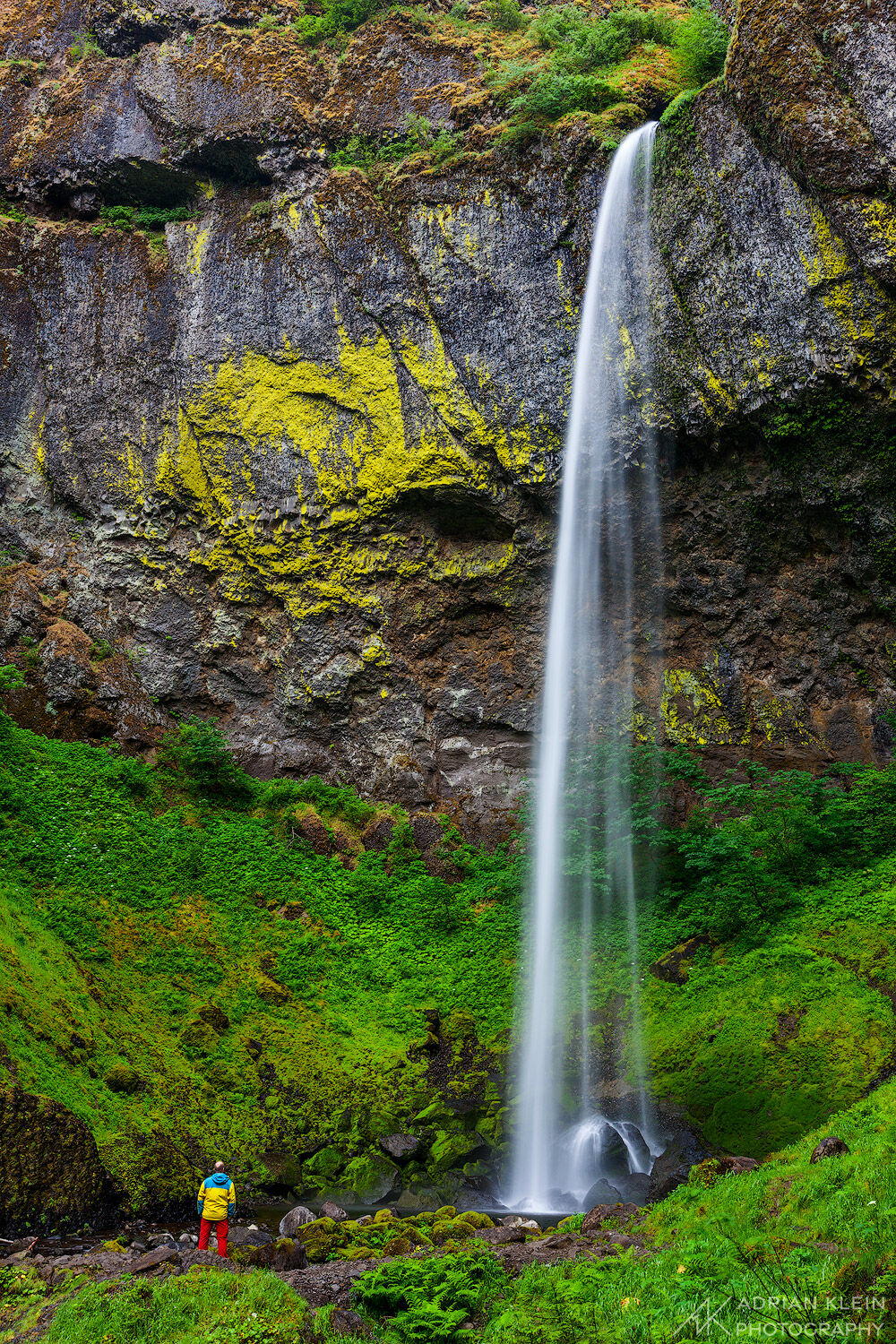 A hiker stands near the base of Elowah Falls in the Columbia River Gorge of Oregon showing the immense height of the falls.