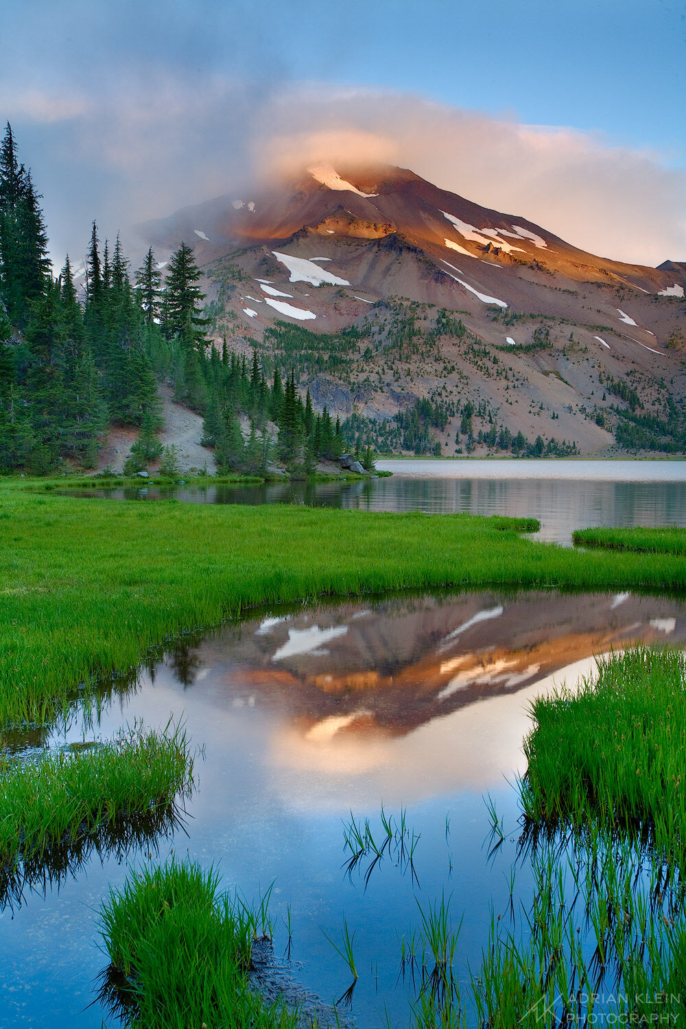 The sunrise light glimmers briefly on the summit of South Sister in Three Sisters Wilderness. Limited Edition of 100.