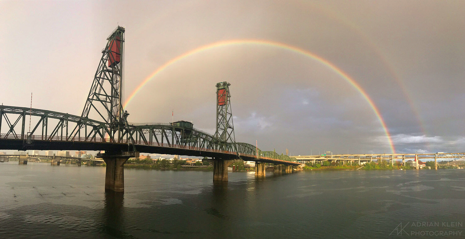 Hawthorne Bridge with a double rainbow over it