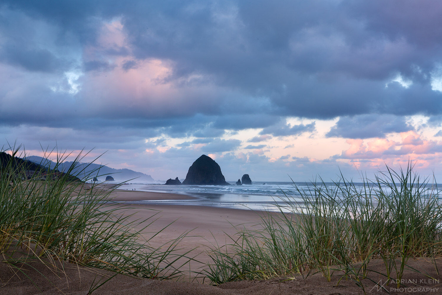 Walking on the dunes this view between grasses shows the morning light and Haystack Rock in Cannon Beach, Oregon.