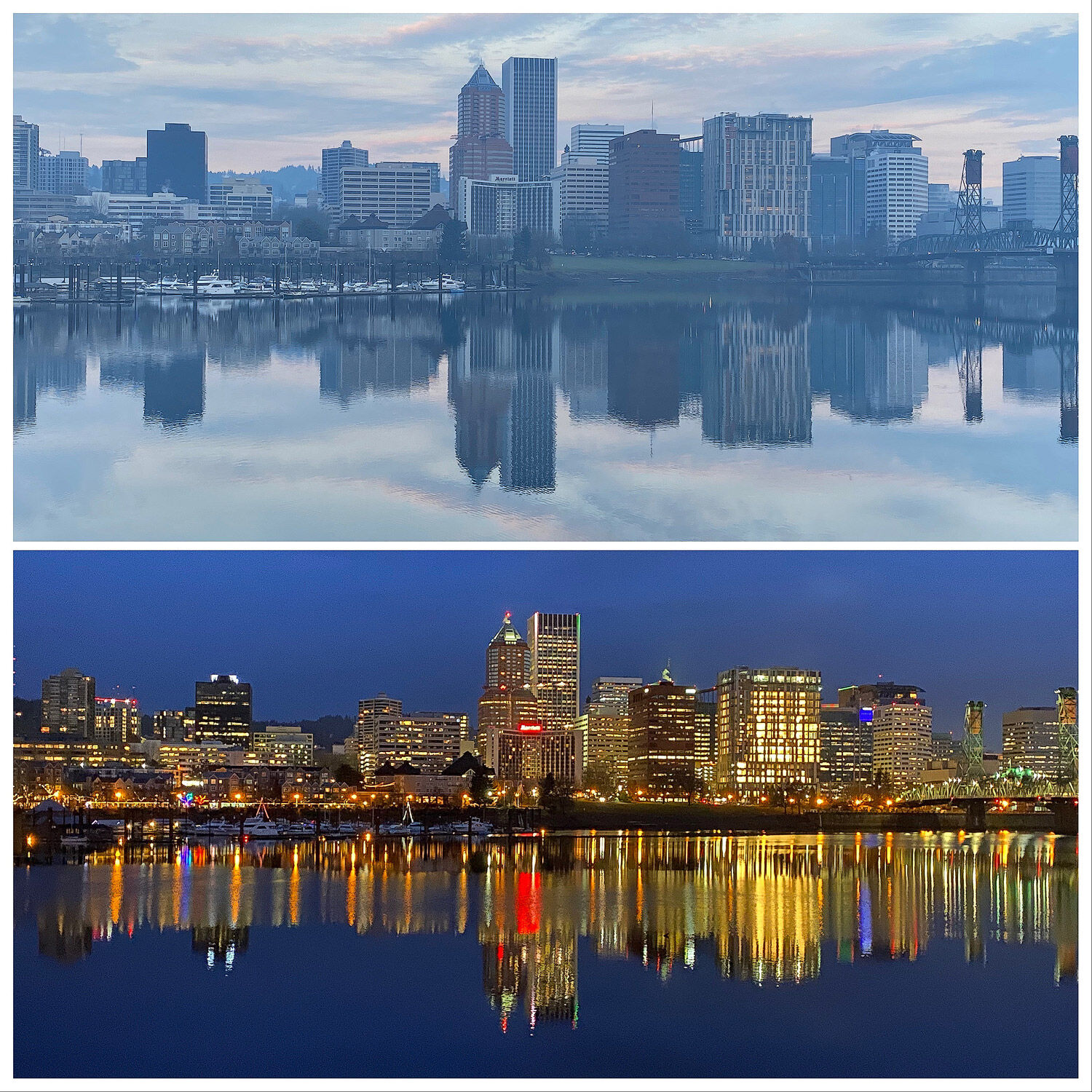 Portland skyline comparison at sunrise, hazy smog vs clear sky