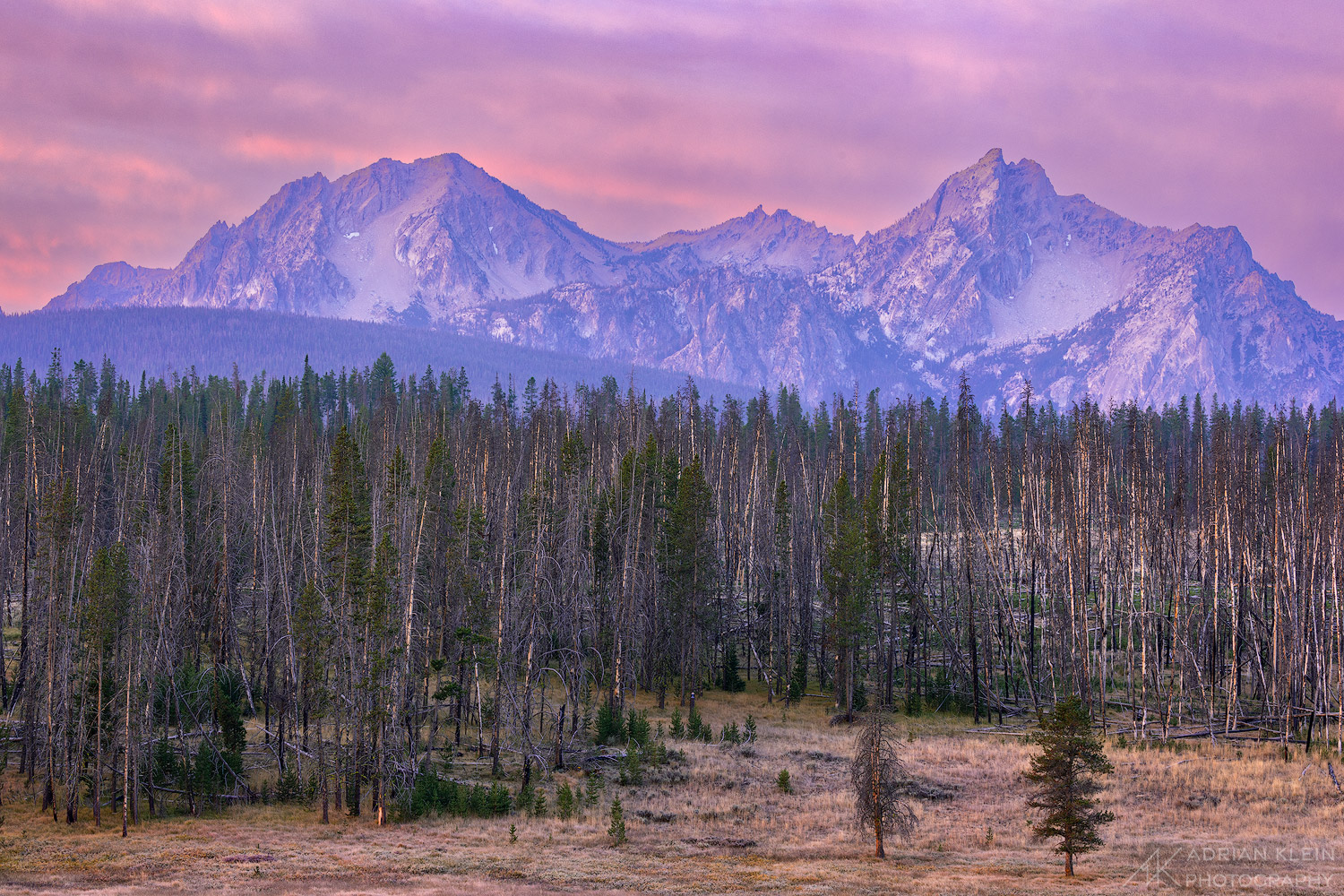 View of Sawtooth Mountain Range in Idaho during a colorful sunrise in fall.