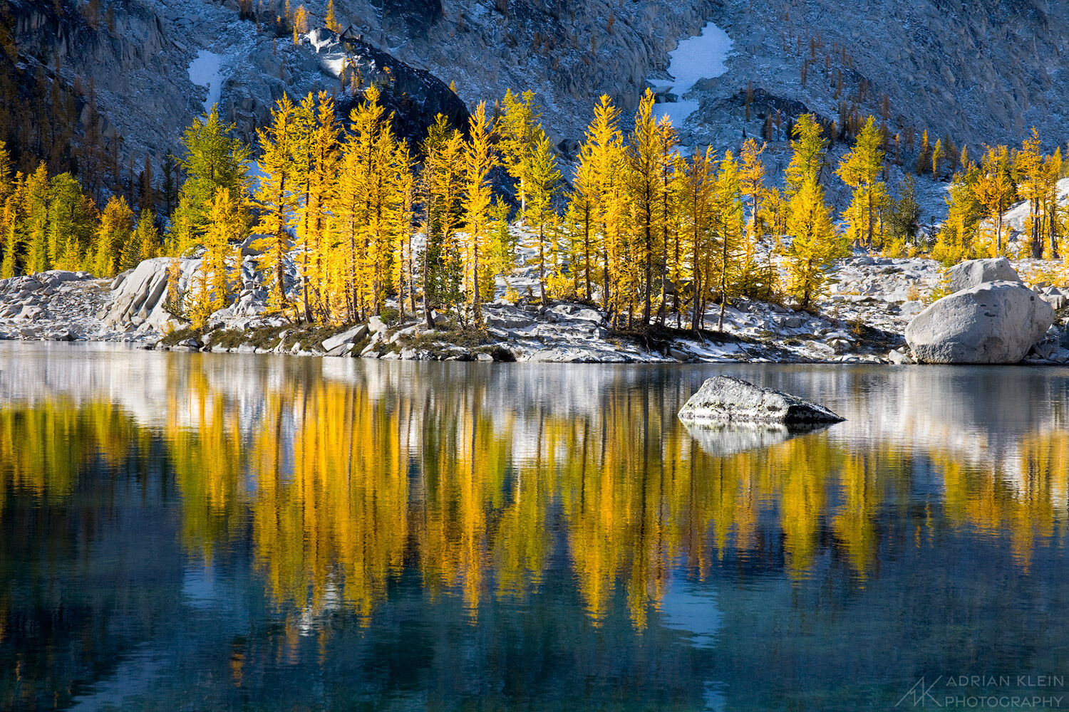 Larches turned gold in fall along the lakes The Enchantments in Alpine Lakes Wilderness, Washington. Limited Edition of 100.